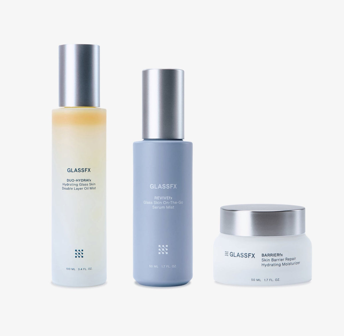 Three Glassfx skincare products on a white background